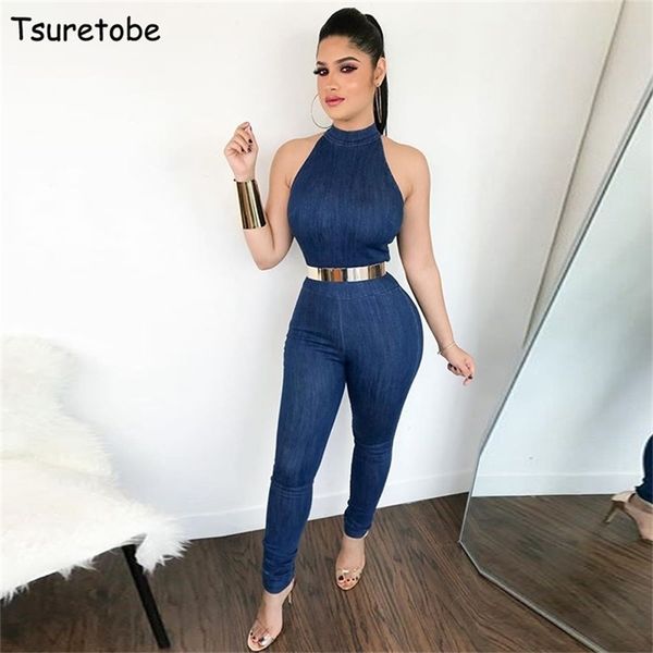 Tsuretobe ärmellose Bodycon Denim Jumpsuit Frauen Rompers modische Reißverschlüsse sexy enge Overalls BodySuit Weibliche Jeans Jumpsuit T200509