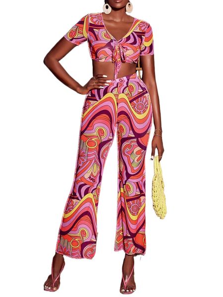 

graphic print tie front crop & flare leg pants q2qo#, White