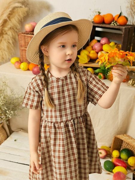 

toddler girls plaid drop shoulder smock dress she, Red;yellow