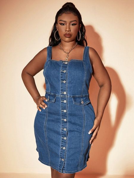 

sxy plus button up flap detail denim dress j53o#, Black