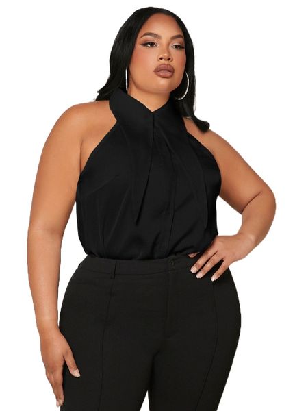 

sxy plus statement collar sleeveless blouse h1zk#, Black