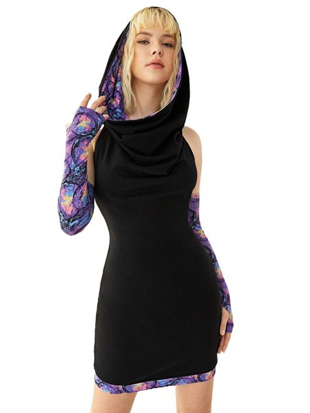 

x catch me outside graphic print draped hooded bodycon dress with thumb hole arm sleeves 11e3#, Black;gray