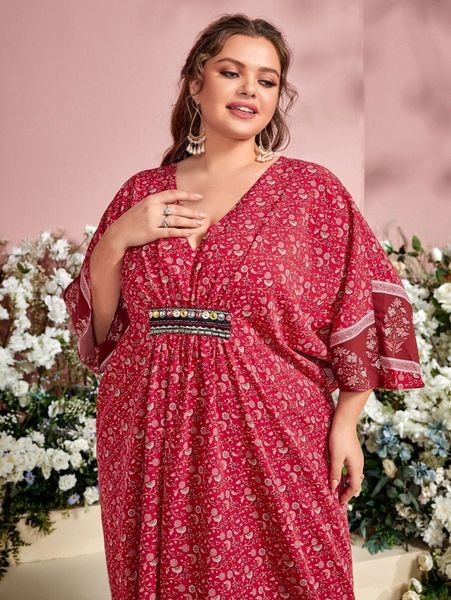 

plus floral print tape detail batwing sleeve dress x2vk#, Black