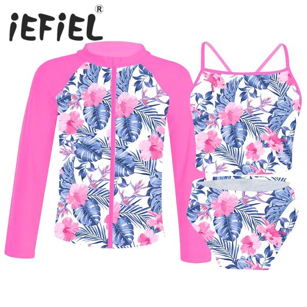 

3pcs kids girls swimsuit sets sleeveless with briefs and long sleeves front zipper coat set beach swimwear bathing suits 220622, Blue