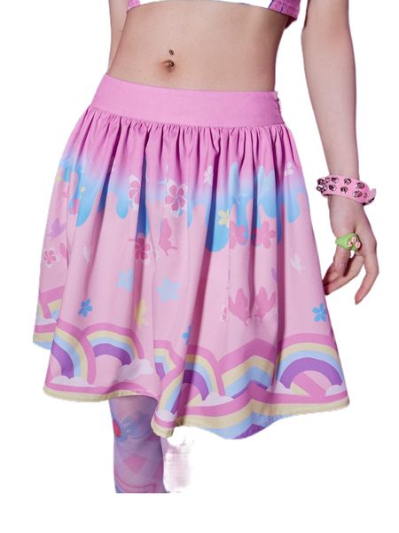 

romwe anime floral & rainbow print skirt x89v#, Black