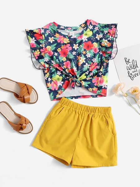 

sheen girls' printed ruffle sleeve and shorts set she, White