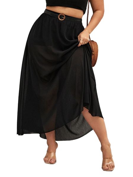 

plus high waist mesh wrap skirt without belt 15ip#, Black