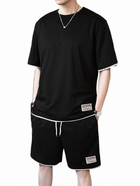 

men letter patched detail 2 in 1 tee & drawstring waist shorts j6ke#, Gray
