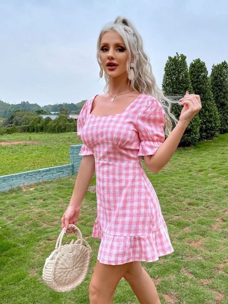 

eilly bazar tie backless flounce trim gingham dress k6q0#, Black;gray