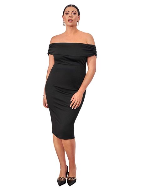 

plus off shoulder fitted dress l3mi#, Black