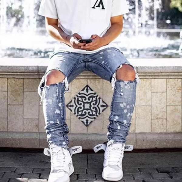 

men's jeans ripped men paint points beggar knee holes hip-hop denim pants slim fit casual jogging trousers biker jeansmen's, Blue