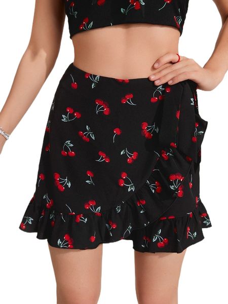 

cherry print ruffle hem knot side skort b44i#, White;black