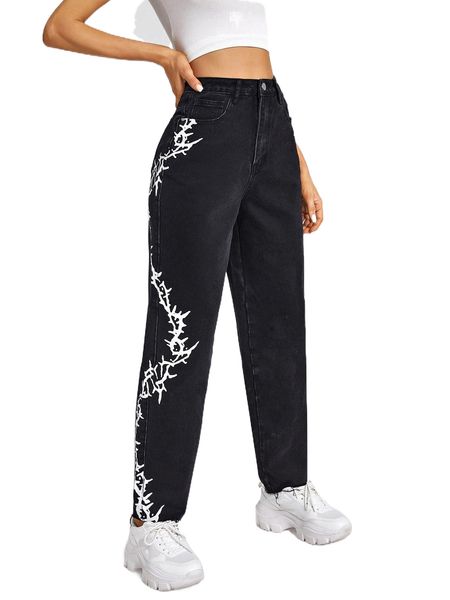 

high waist graphic print straight leg jeans x4qc#, Blue