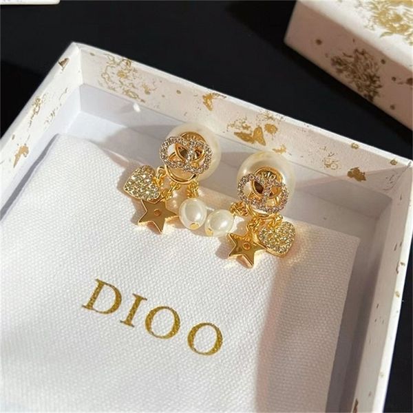 

2022 36% off designer d di full diamond pearl five-star ear simple love letter fashion two wear net red female jewelry, Golden