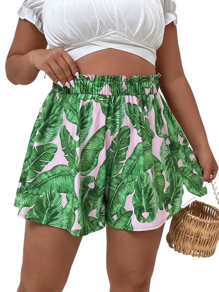 

plus paperbag waist tropical wide leg shorts m4jy#, Black