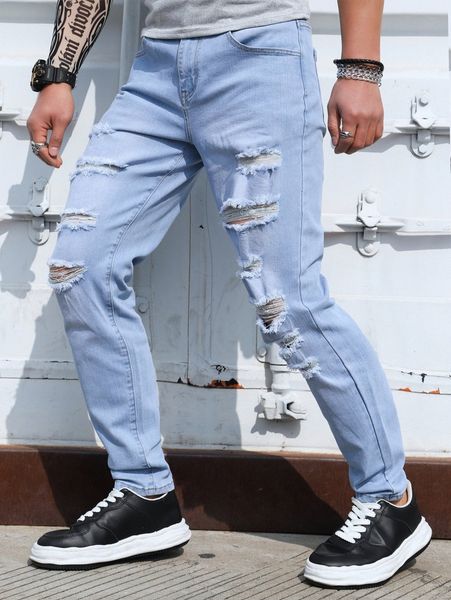 

men slant pocket ripped jeans n35h#, Blue