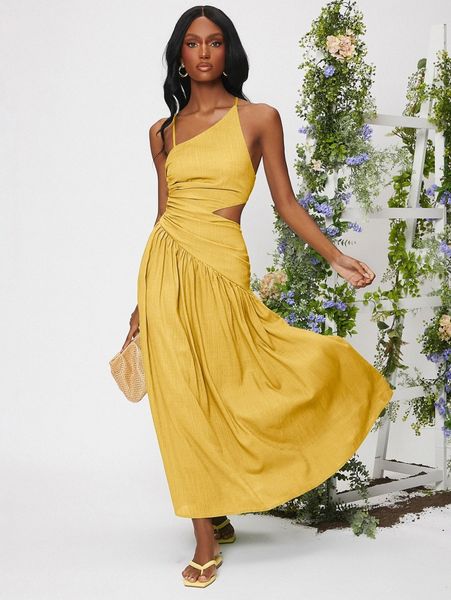 

asymmetrical neck lace up backless cut out ruched dress 48w0#, Black;gray