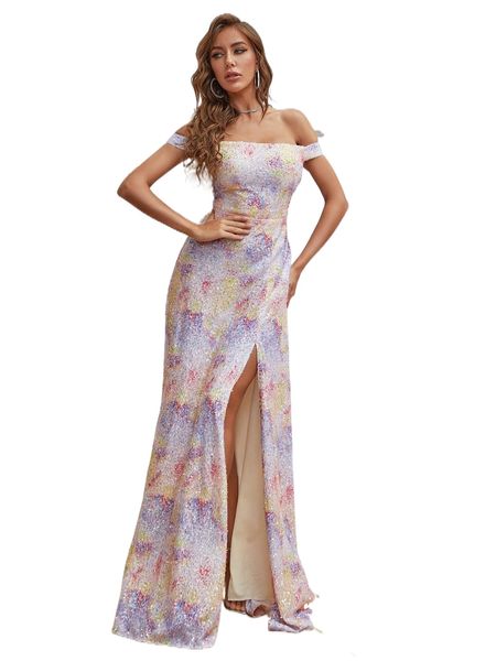 

off shoulder slit thigh sequin prom dress q3s2#, Black;gray