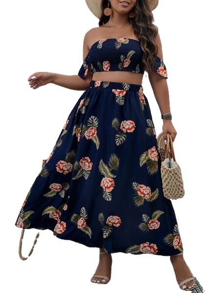 

plus tropical print off shoulder shirred crop & skirt r87n#, Black