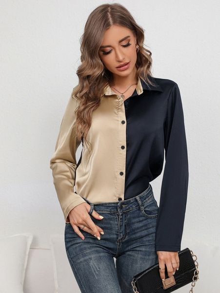 

two tone button front satin blouse b5n9#, White