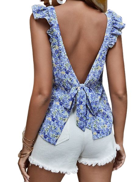 

allover floral print tie backless ruffle trim 78hl#, White