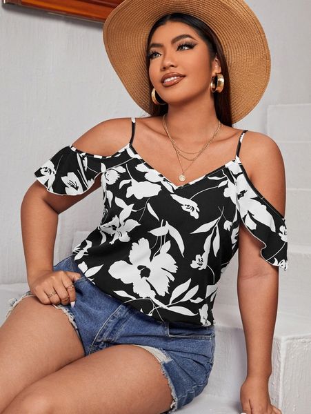 

plus floral print cold shoulder x9eb#, Black