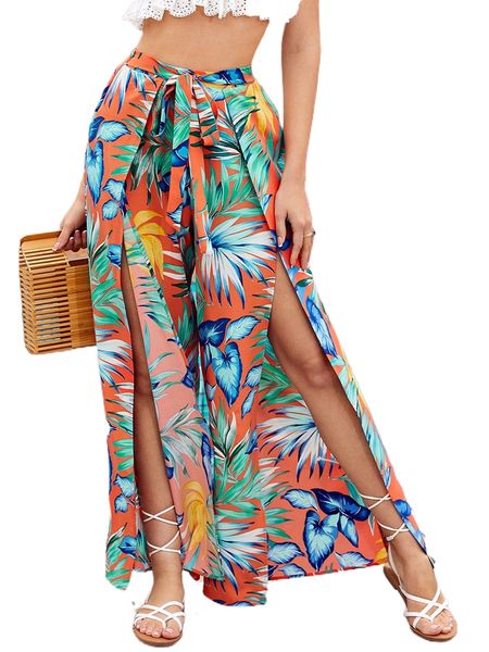 

tropical print tie front wrap hem pants f02l#, Black;white