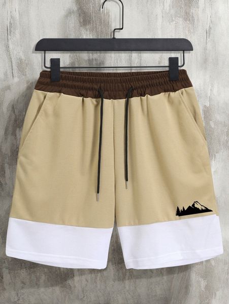 

men mountain print color block drawstring shorts a0gr#, White;black