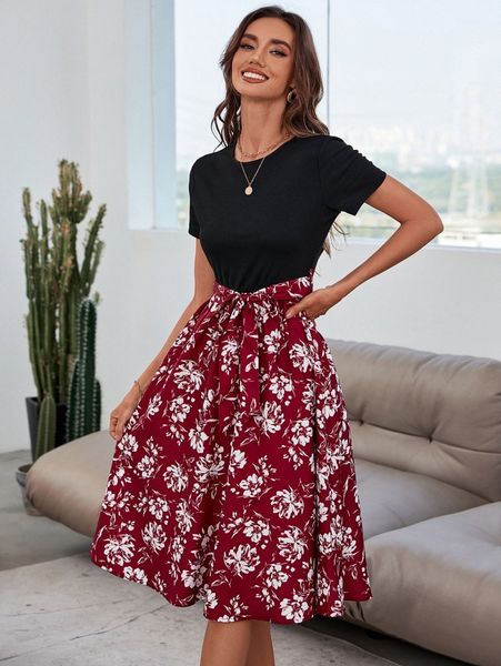 

floral print belted a-line dress d5c6#, Black;gray