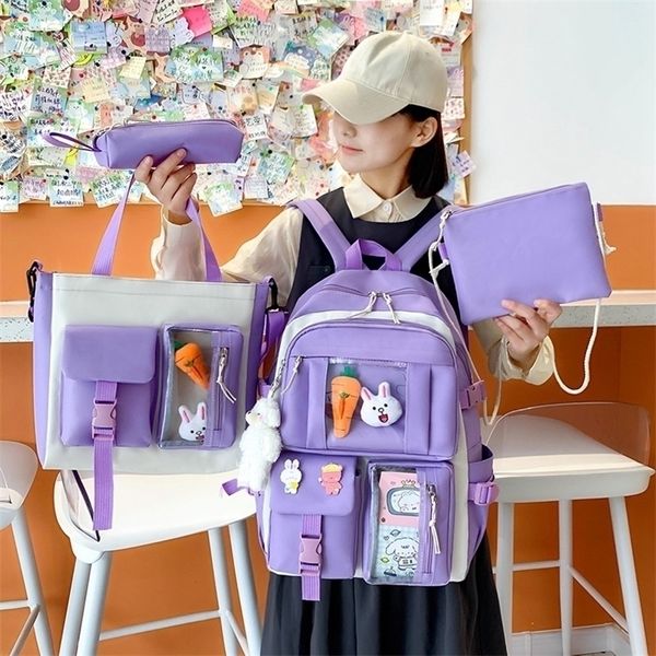 Set da 4 pezzi Zaino da scuola per bambini di colore viola Zaino da donna Kawaii Bookbag Borse da scuola per adolescenti Ragazze Mochila 220815