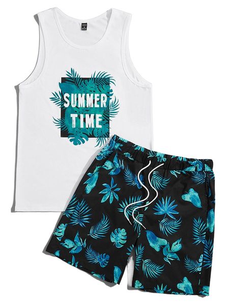 

men tropical & slogan graphic tank & drawstring waist shorts v7kc#, Gray