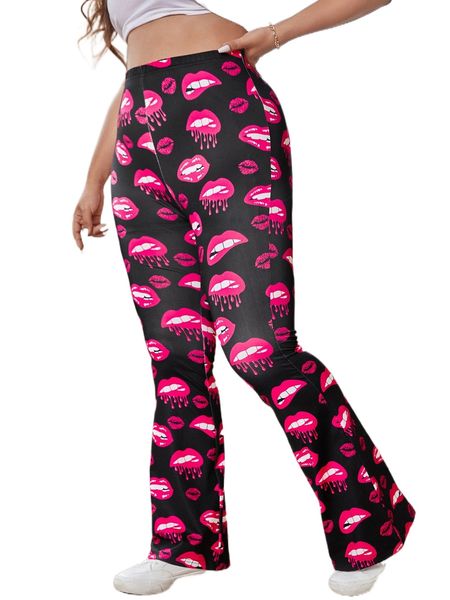 

plus allover lip print flare leg pants n6j6#, Black