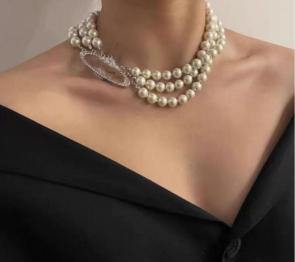 

2022 european and american three-layer pearl necklace full diamond satellite series personality simple catwalk clavicle chain female fast de, Silver