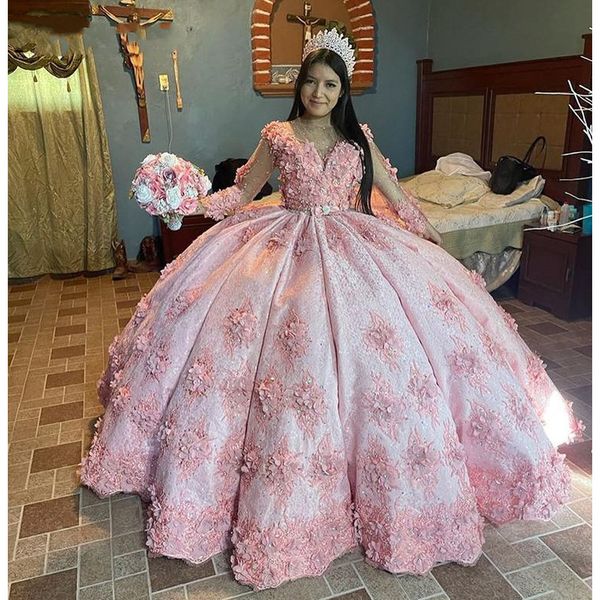 Principessa Puffy Quinceanera Abiti rosa Appliques Perline Manica lunga Aabic Ball Gown Tulle Corpetto Formale 16 anni Prom Party Dress