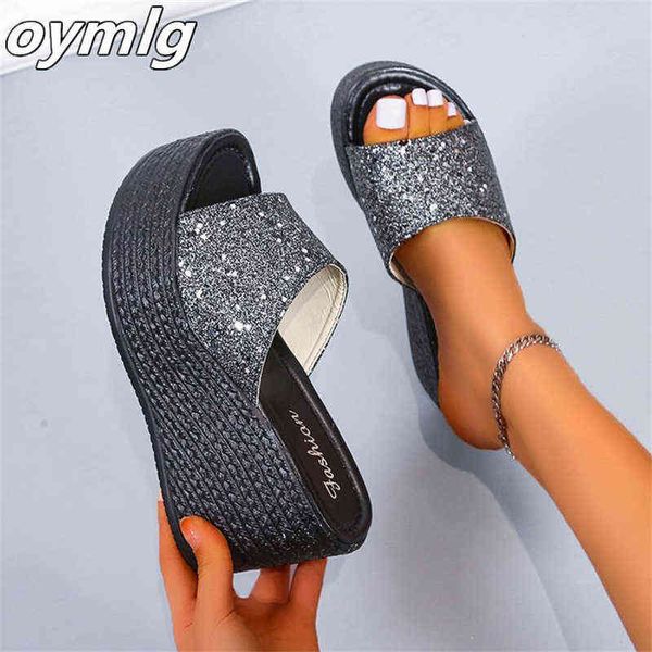 

sandals and slippers women's summer outer wear fashionable new one word wedge heel platform high heel platform shoes sandals y220421, Black