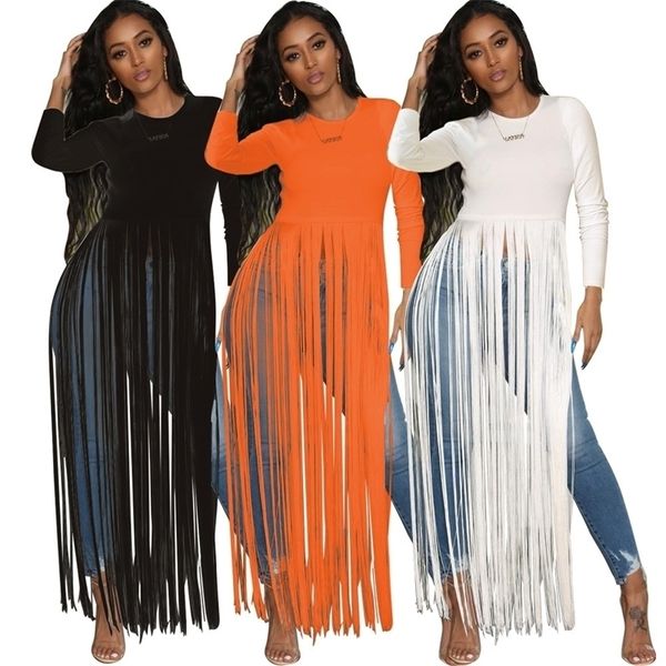 

autumn women tassel long sleeve tee shirts dress solid hem splicing maxi dress black white orange y200805, Black;pink