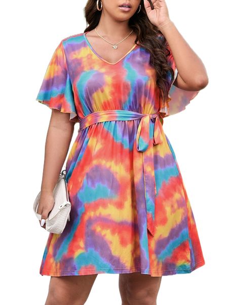 

plus tie dye flutter sleeve belted dress q1m4#, Black