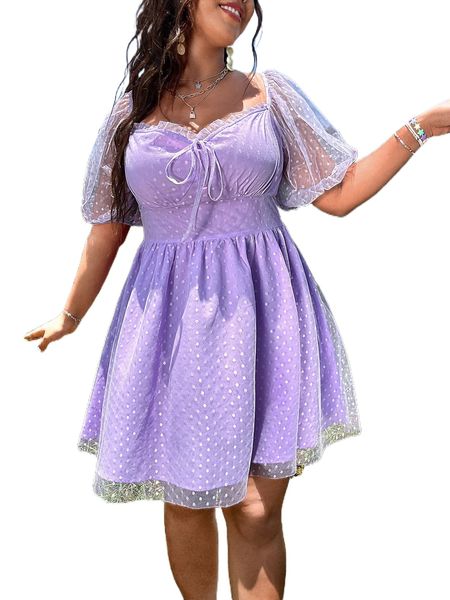 

plus polka dot puff sleeve frilled knot front mesh dress r4sy#, Black