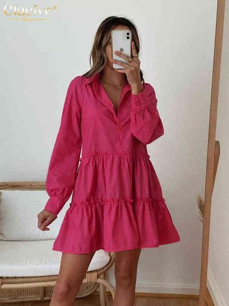 

clacive casual pink women's dress 2022 autumn lapel long sleeve office lady mini dresses elegant loose ruffle female dress t220804, Black;gray