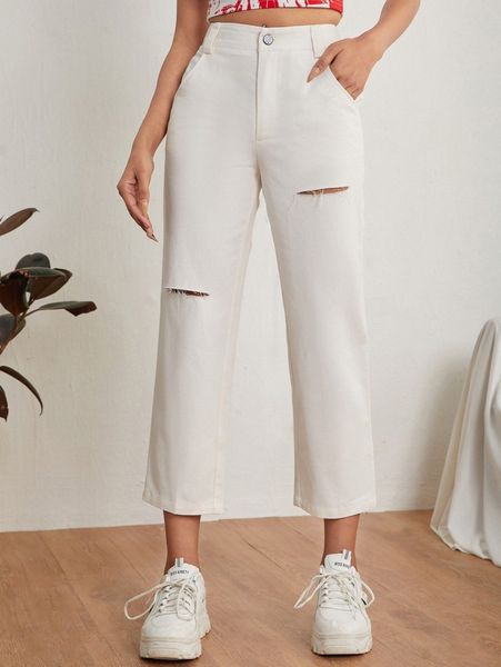 

petite high waist ripped straight leg pants d3cx#, Black;white