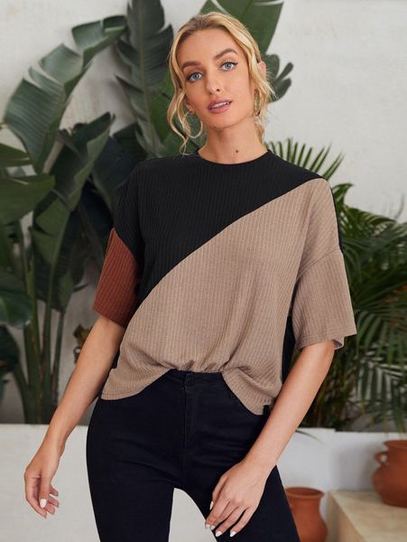 

colorblock drop shoulder rib-knit tee v93v#, White