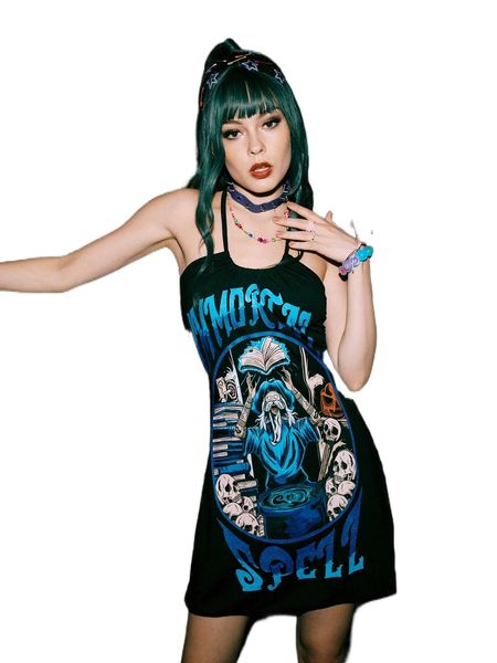 

romwe x lasthopeparty street life skull figure graphic halter dress o904#, Black;gray