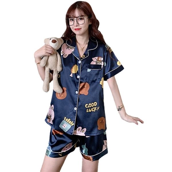 

women sleepwear summer pajamas fake silk print sweet set girl nightgown short pant cute sets 220329, Black;red