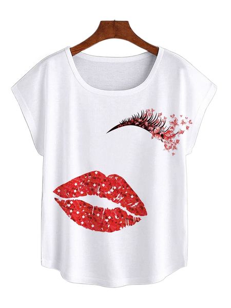 

lip & butterfly print batwing sleeve tee j0ha#, White