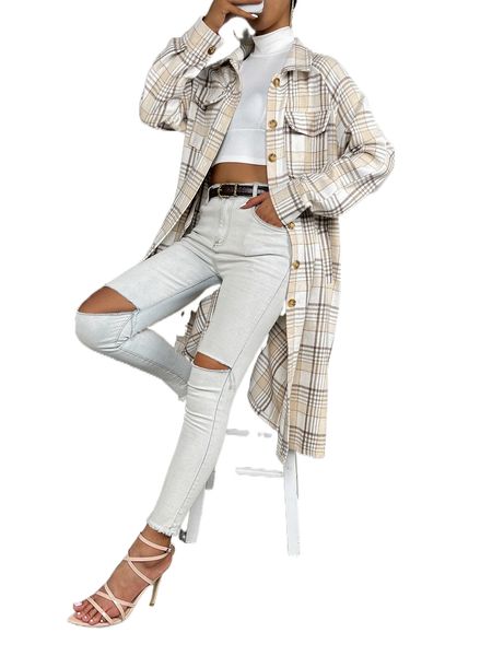 

plaid print flap pocket drop shoulder coat 94de#, Black