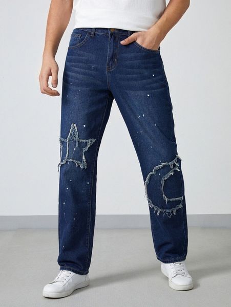 

men splash print raw detail jeans 69bk#, Blue