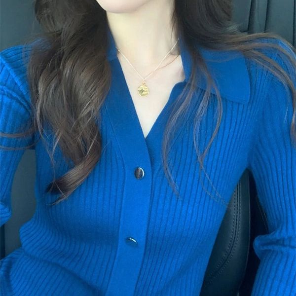 

women's polos 2022 early spring style temperament small fragrance polo neck knitted cardigan fashion klein blue short sweater coat wome, White