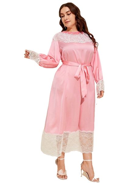 

plus contrast lace flounce sleeve satin belted dress j9dd#, Black