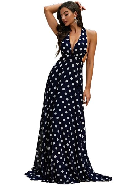 

missord polka dot mesh insert split thigh tie backless halter formal dress n8av#, Black;gray