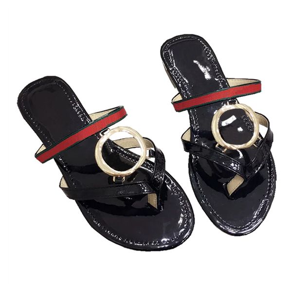 

double g womens slippers mens glossy leather thong sandal luxury designer outside slides red and green stripe flip flops metal chain fashion, Black